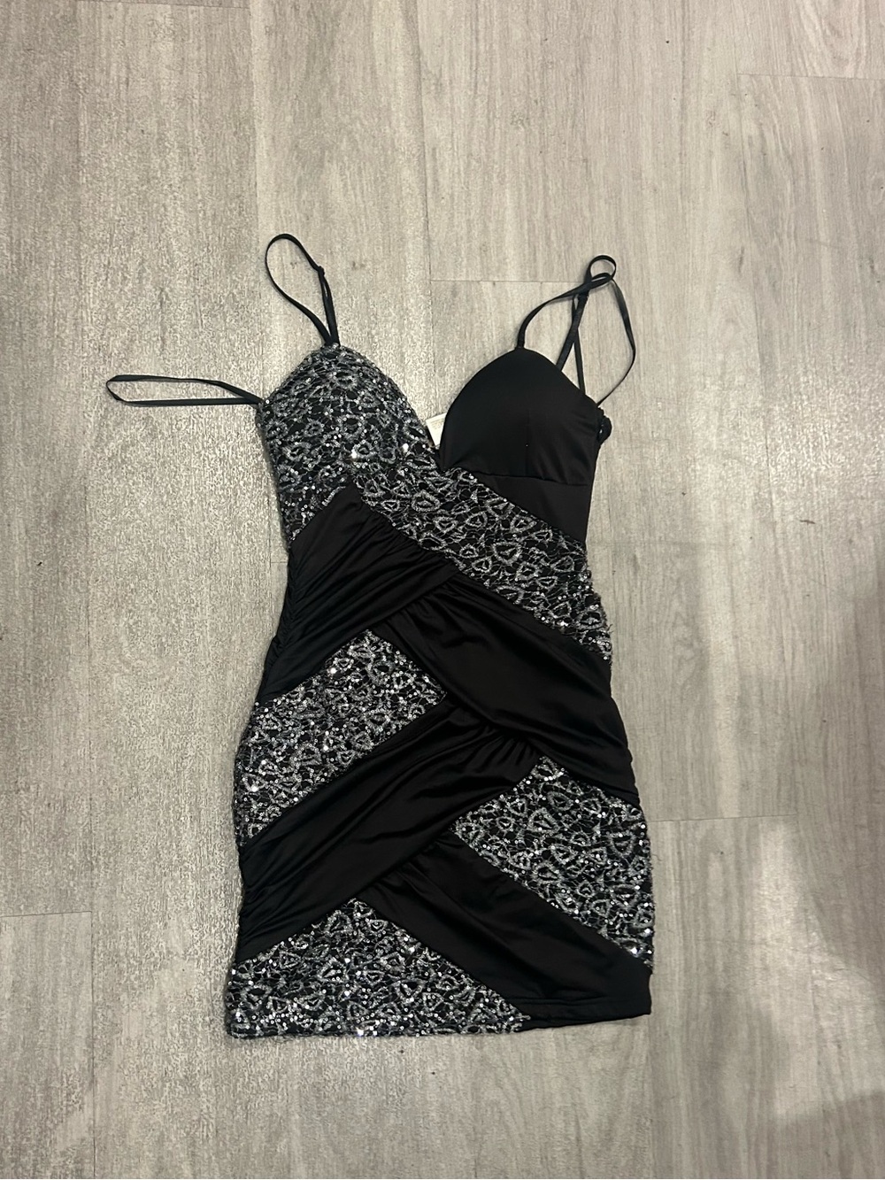 Arden B Black Sequined Ruched Spaghetti Strap Mini Dress